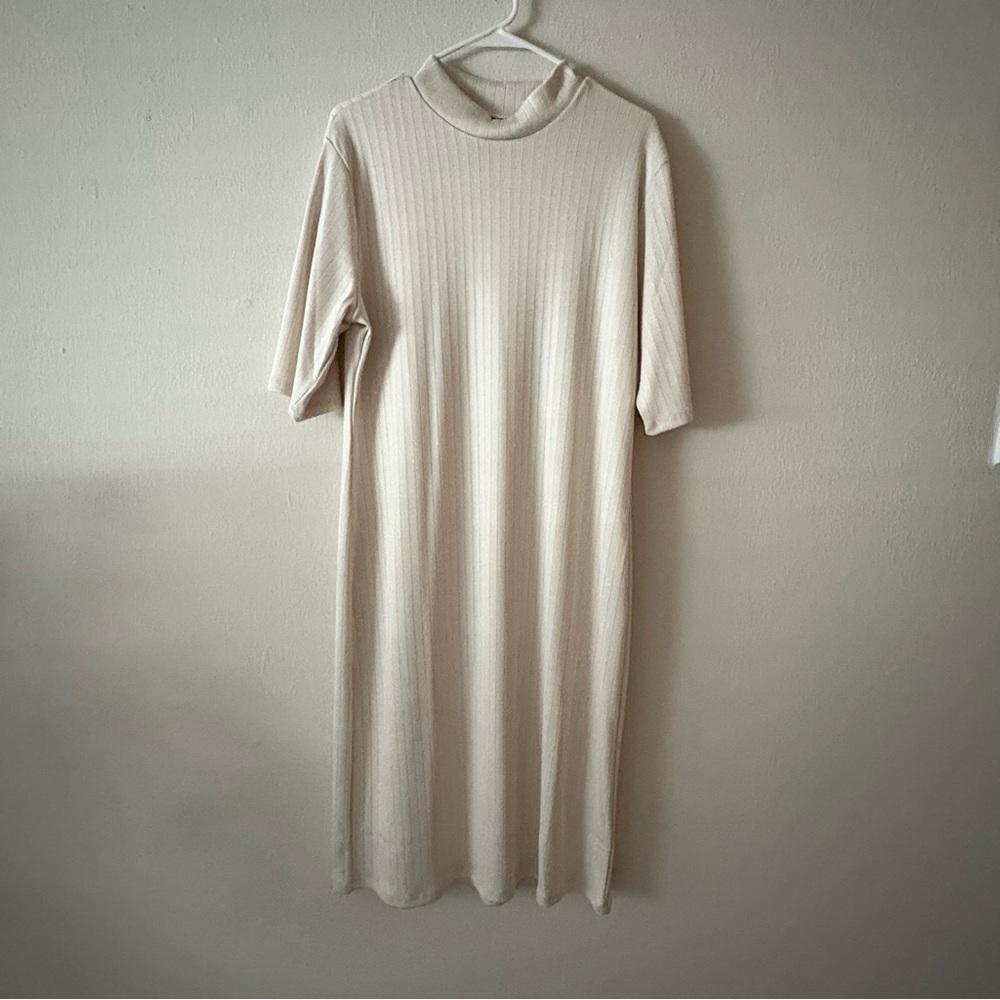 GAP Cream Ribbed Sheath Dress Mock Neck Midi